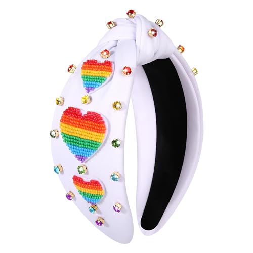 NVENF Rainbow Headbands for Women Pride Headband Colorful Pride Heart Flag Win Gesture Knotted Headband Rhinestone LGBTQ Hairband Bisexual Gay Pride Rainbow Accessories Outfits Party Favors (Heart C)