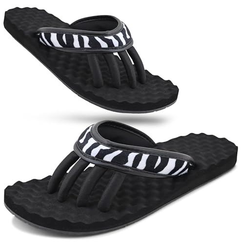 EVA Footbed Orthotic Pedicure Flip Flops for Women - Comfortable Arch Support Sandals Women's for Home, Salon, Yoga & Gym - Flip Flops with Built in Toe Separators for Nail Drying (Zebra-L)