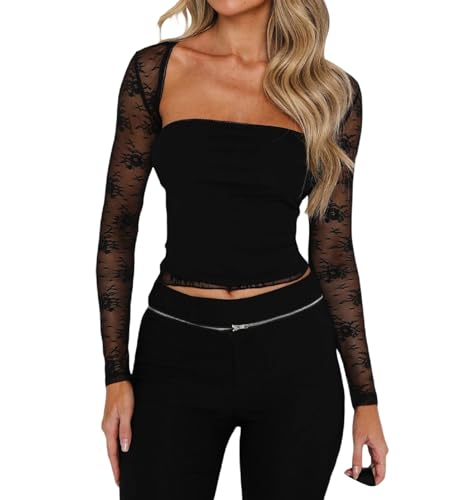 Betrodi Women Lace Y2K Sheer Shirt Long Sleeve Sexy Low Cut Cropped Tight Tube Top Floral Lace Fitted Bolero Shrug Set(Great Black 4,L)