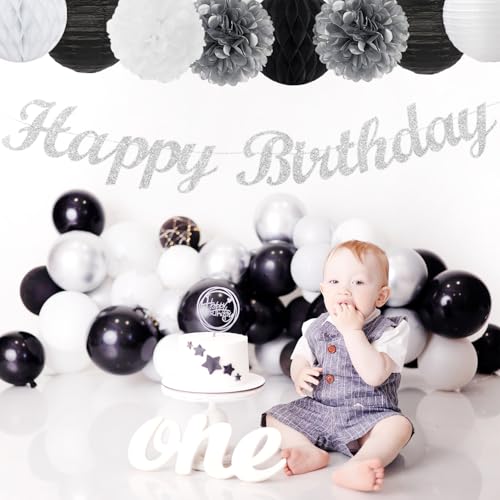 Image of Black White Silver Birthday Party-decorations - 21pcs Boys Men Happy Banner,Paper Streamers Lanterns Honeycomb,Tissue Pom Poms Fan,Adult Supplies Decor 16th 20th 40th 45th 50th 60th Huglony