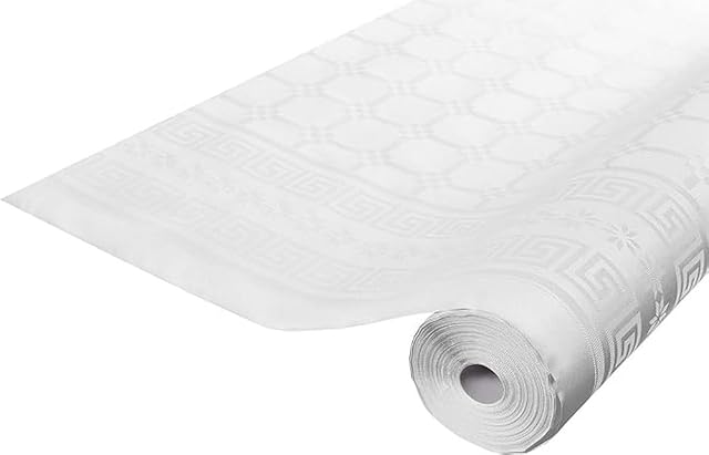 Pro Nappe R480001I Profesjonalny obrus ze wzorem papieru damaszkowego w rolce 100m długości x 1,20m szerokości jednorazowy, uniwersalny szykowny i klasyczny, nakrycie stołu 1 sztuka kolor biały