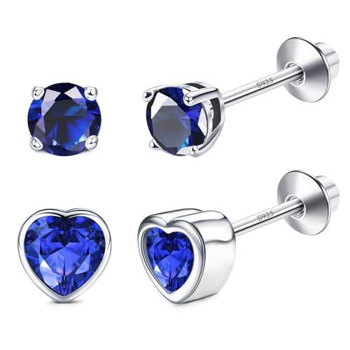 Hypoallergenic Earrings for Girls Women S925 Sterling Silver Birthstone Earring Heart CZ Toddler Earrings Screw Back Earring for Sensitive Ears Jewelry Gift