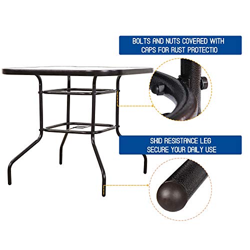 Homevibes 32" Outdoor Patio Dining Table Tempered Glass Top Bistro Table Top Umbrella Stand Square Deck Furniture Garden Table Metal Frame, Dark Chocolate #TOP5