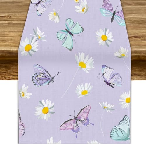 Butterfly Table Runner, Watercolor Daisy Flowers Rustic Spring Summer Floral Butterfly Table Cover for Kitchen Dining Table Indoor Outdoor Home Party Restaurant Decor, 13x120inch