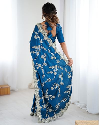 Image of Satrani Women's Satin Embroidery & Sequin Work Saree with Unstitched Blouse Piece