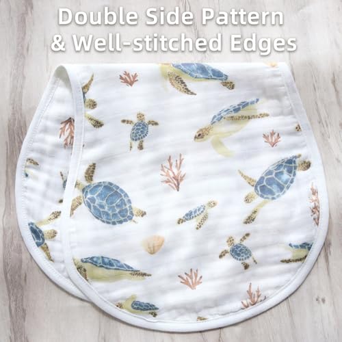 Image of LifeTree Muslin Baby Burp Cloths - 2 Pack 70% Viscose from Bamboo and 30% Cotton Large 22'' by 10.6'' Absorbent Milk Spit Up Rags - Burping Cloths for Newborn, Girls Boys, Sea Turtle & Blue Checkered