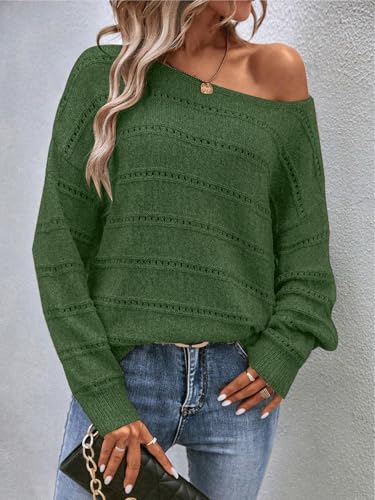 Image of Women's Sweater Soft Boat Neck Long Sleeve Oversized Sweaters Crochet Pullover Knit Tops