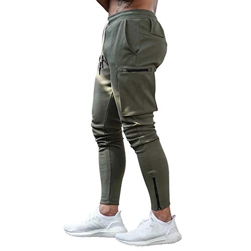 MECH-ENG Men's Active Tack Jogger Pants Fitness TapeArmy Green Sweatpants Slim Fit Trousers with Zipper Pockets(Army Green Small)