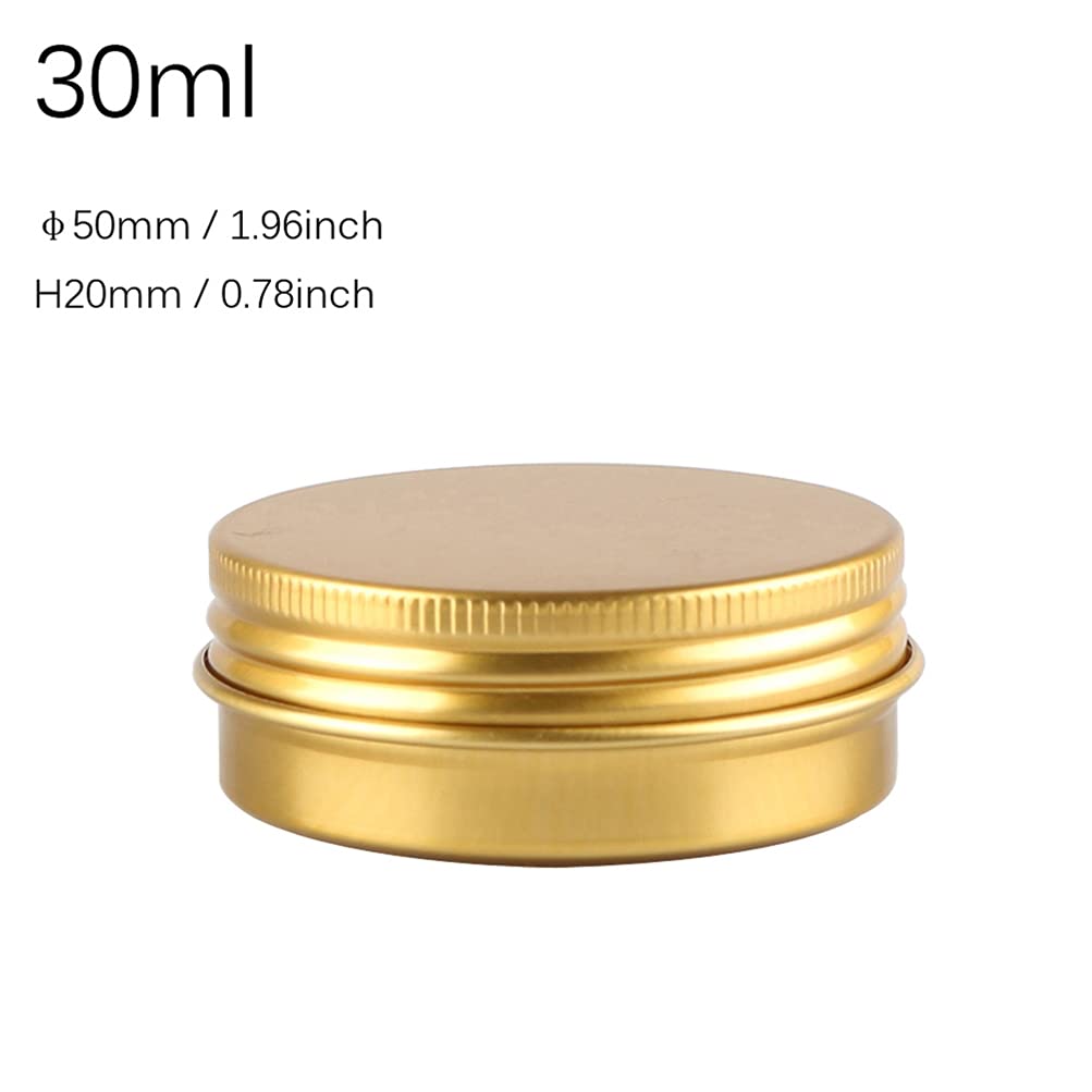 100 Pièces 30 ml Vide Rond Or Pots en Aluminium Cosmétiques Pot Canettes Bocaux Conteneurs 5ml for Fait Main Bougies Crème Baume Voyage, 3x aluminium cuillère, 100x Étiquettes
