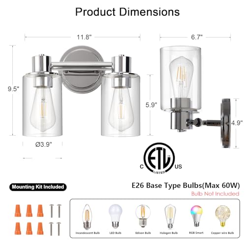 ALAISLYC 2 Light Bathroom Wall Sconce Light Fixtures with Clear Glass Bathroom Wall Lights Over Mirror Vanity Lights Chrome with E26 Base by ALAISLYC - Image 2