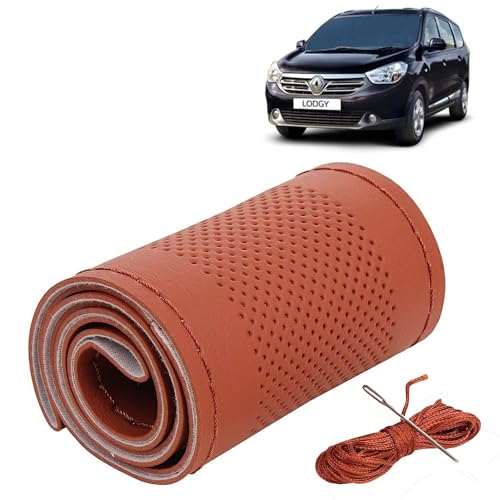 Image of KINGSWAY PU Leatherite Car Steering Cover Sewable Compatible with Renault Lodgy (Year 2015 Onwards), Tan Color with Tan Thread, Pack of 1 with Sewing Needle and Thread
