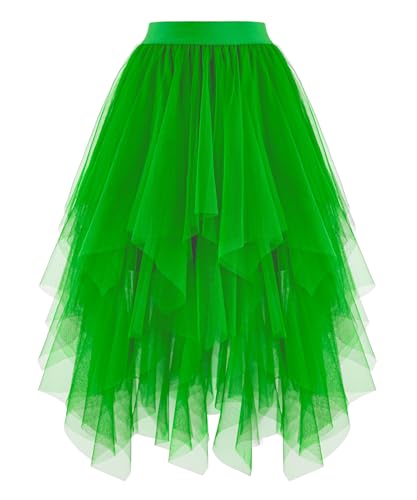 Ellames Womens Tulle Skirts High Low Layered Puffy Fairy Skirts Midi Length Irregular Tutu Skirt Green X-Large