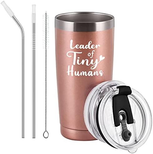 Teacher Gifts for Women, Leader of Tiny Humans Stainless Steel Insulated Travel Tumbler with Lid, Christmas Birthday Teachers Day Appreciation Thank You Gifts for Teacher Professor (20 Oz, Rose Gold)