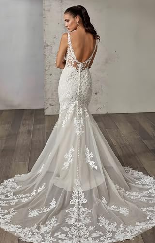 Mermaid Tulle Wedding Dresses for Bride 2025 Lace Appliques Spaghetti Straps V Neck Bridal Gown with Train3