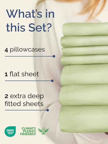 Image of Extra Deep Split King Sheet Set - 7 Piece Cooling Sheets - Light Sage Green | Hotel Luxury Bed Sheets Set, Easy & Secure Fit, Ultra-Soft, Wrinkle & Fade Free, Comfy Sheets Set with Extra Deep Pockets