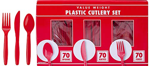 Amscan Apple Red Plastic Heavy Weight Assorted Cutlery (200 Count) - Premium Disposable Plastic and Sturdy Cutlery, Perfect for Home Use and All Kinds of Occasions