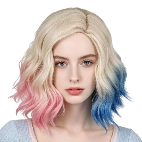 KiyaCos Sinclair Costume Wigs Short Wavy Colorful Blonde Blue Pink Ombre Synthetic Heat Resistant Wig for Women Cosplay Halloween Party Side Part