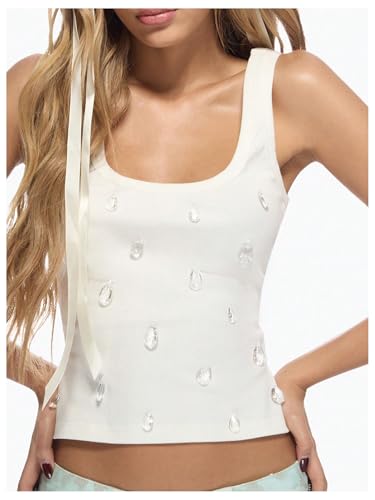 SHENHE Women's Ribbed Rhinestone Tank Top Square Neck Slim Fit Boho Summer Dressy Crop Top4