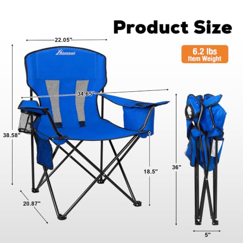Image of Camping Chairs for Adults 2 Pack, Folding Chair with 4-Can Cooler Bag & Cup Holder, Portable Heavy Duty Outdoor Chair with Mesh Back for Camping, Beach, Lawn, Fishing, Blue