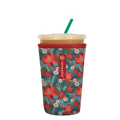 Sok It JavaSok Iced Coffee & Cold Soda Insulated Neoprene Cup Sleeve (Pastel Poinsettias, Medium: 22-28oz)