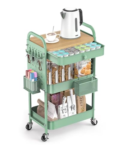 Image of ALVOROG Rolling Cart with Drawer and Wood Table Top, 3 Tier Metal Rolling Utility Cart on Wheels with DIY Pegboards, Hanging Baskets, Hooks for Bedroom,Office,Craft Supplies
