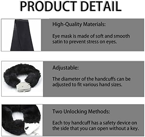 Metal Handcuffs with 2 Keys, Fluffy Handcuffs Satin Eye Mask, Handcuffs Toys for Kids Cosplay ,Handcuffs Prop Dress Ball Party,Satin Headband for Sleeping Games,Valentine's Gift