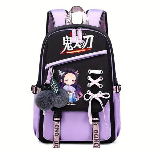 YWOIHL Cute Anime Style Backpack for Girls Cartoon Backpack for Teens Students Fashion School Bag with Pompom Charm (Black Purple)