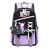 Cute Anime Style Backpack for Girls Cartoon Backpack for Teens Students Fashion School Bag with Pompom Charm (Black Purple)