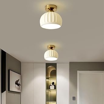 White Mini Ceramic E27 Ceiling Light Fixture - 1-Light Flush Mount for Hallway, Balcony, and Indoor Spaces in Japanese Style(Gold)
