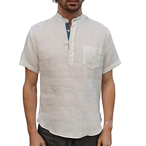 Chemise lin irlandais manches courtes homme col grandad henley ivoire xl