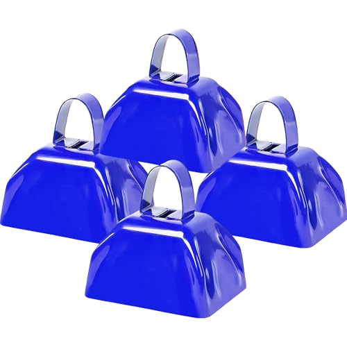 Metal Cow Bell Noise Maker - 3 Inch Pack of 4 - Small Loud Metal Cowbell Noisemaker with Handle - Great for Football Games, Sporting Events, Weddings, New Year's Eve, Birthday Parties