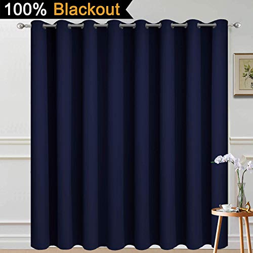 Image of Yakamok Navy Blue Blackout Patio Door Curtain Panels W100 x L84, 1 Panel | Noise Reducing Barrier Panel for Sliding Glass Door, 2 Thick Layers Heat Full Light Blocking Patio Door Drapery