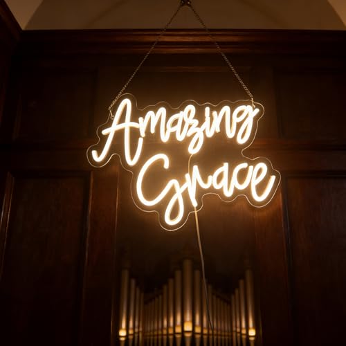 Image of inchAmazing Grace inch Hymn Quote Light - Inspirational & Timeless LED Wall Art for Church, Chapel, Prayer Room or Home Sanctuary Decor, Dimmable USB, Comforting Spiritual Gift of Hope & Peace