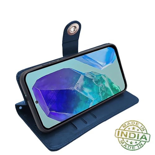 Image of Pikkme Flip Cover Leather Finish | Inside TPU with Card Pockets | Wallet Stand and Shock Proof | Complete Protection Button Flip Case for Samsung Galaxy M55 5G / M55s 5G / F55 5G (Blue)