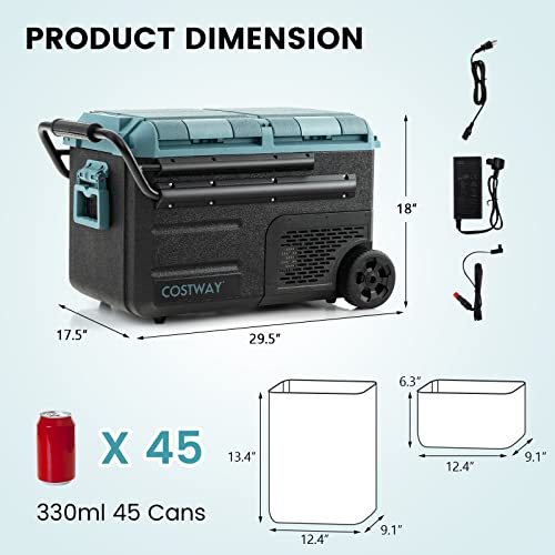 Costway Car Refrigerator With Wheels, 40-Quart Dual-Zone Single-Temperature Electric Cooler, 12V/24V Dc, 100-240V Ac, -4°F To 50°F, Reversible Lids, Portable Car Freezer For Rv Camping, Green+Black #TOP5