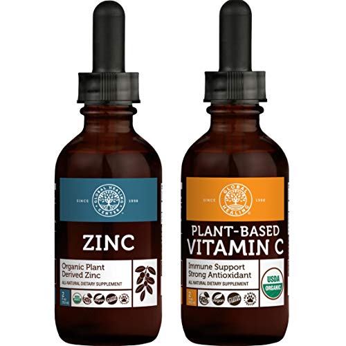 Global Healing Plant-Based Vitamin C & Zinc Kit - Vegan Antioxidant for Immune Booster & Skin Health and Organic Liquid Supplement Drops Support Immune System & Healthy Cell Growth - 2 Fl Oz Each