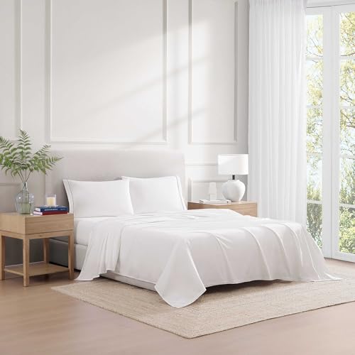 Image of Tommy Hilfiger - Sheet Set, Cotton Percale Bedding with Matching Pillowcases, Crisp & Cool, Solid Design with Hem Stripe (White /Navy, Full)