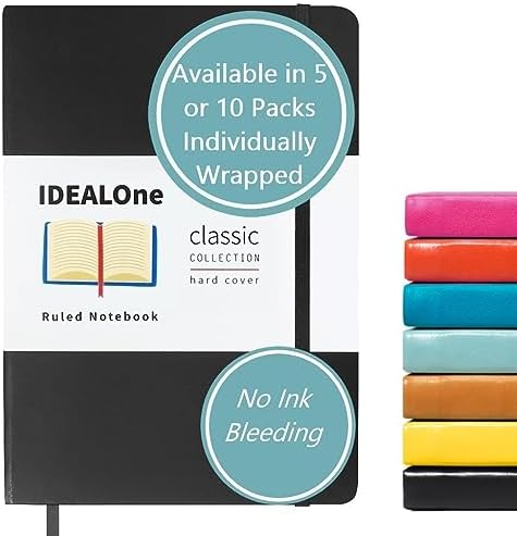 IDEALOne Journal Notebook Lined Classic Hardcover – Work, Home, School, 5.7 x 8 inches, 7mm wide college ruled,160 pages, 100GSM Thick Paper, Elastic Band, Ribbon Bookmark, Black