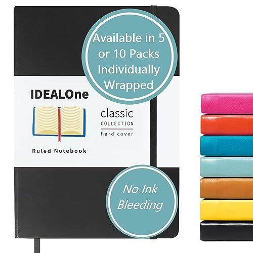 Idealone Journal Notebook Lined Classic Hardcover – Work, Home, School, 5.7 X 8 Inches, 7Mm Wide College Ruled,160 Pages, 100Gsm Thick Paper, Elastic Band, Ribbon Bookmark, Black #TOP1