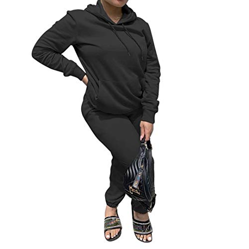 Women Casual Solid Pullover Hoodie Sweatpants 2 Piece Sport Jumpsuits Outfits Set Black XL