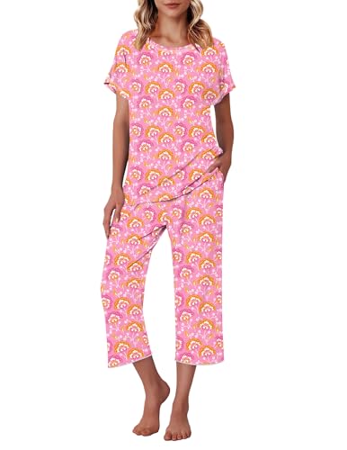 Image of Ekouaer Women's Capri Pajama Sets Print Short Sleeve Sleepwear Top and Capri Pants Soft Loungewear with Pocket