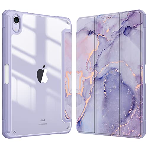 FINTIE Hybrid Case for iPad Mini 7 (A17 Pro) 2024 / iPad Mini 6 (2021) 8.3 Inch - Clear Shockproof Cover with Pencil Holder Auto Wake/Sleep Lilac Marble