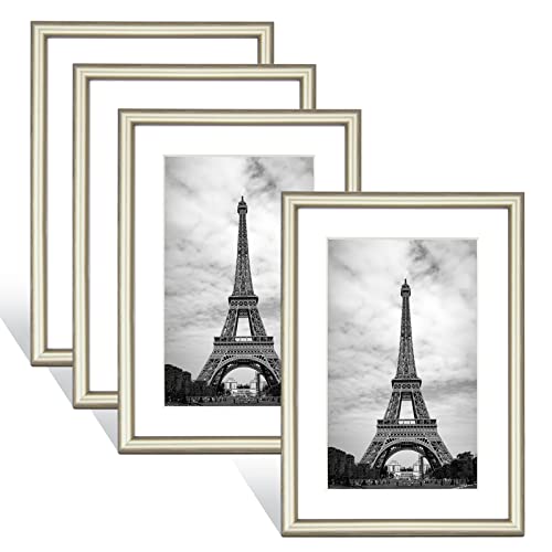 4X6 Picture Frame Champagne Brushed Thin Modern Metal Set Of 4, For Horizontal And Vertical Desk And Wall Mounting, Aluminum Floating Frames Fits 3X5 Photo With Mat Or 4 X 6 Photos Without Mats (Collage) #TOP8