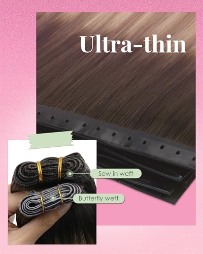 Image of YoungSee Butterfly Weft Hair Extensions Balayage OVO Weft Butterfly Hair Wefts Human Hair Walnut Brown Ombre Light Brown with Blonde PU Hole Weft Extensions Human Hair Cut into Any Size 18 Inch 100g