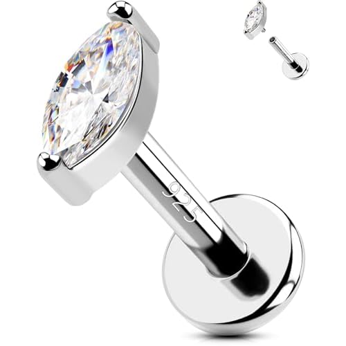 OUFER 925 Sterling Silver Helix Piercing Jewelry, 16G 8mm Flat Back Silver Cartilage Earrings Stud, Internally Threaded CZ Conch Tragus Helix Earrings, Labret Lip Rings For Women Men Gift (S