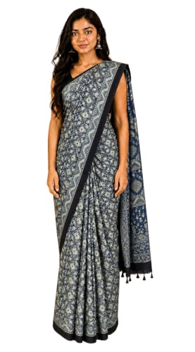 Image of Ethnics of Kutch Womenss Ajrakh Modal Silk Natural Dye Hand Block Print Saree with Blouse Piece - 5.5 Mtr Length (Indigo 09501A)