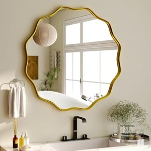 Koonmi großer runder Spiegel mit gewellter Kante, 60 cm Wandspiegel mit Strukturiertem Metallrahmen, zum Aufhängen oder Anstellen an die Wand, für Badezimmer, Eingangsbereich, Wohnzimmer, Gold