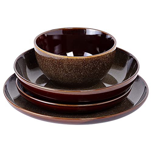 Image of Gibson Elite Edwina 16-Piece Double Bowl Dinnerware Set, Service for 4 - Dark Green Stoneware Plates and Bowls