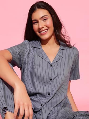 Image of Clovia Women's Rayon Printed Button-Down Shirt & Pyjama Set