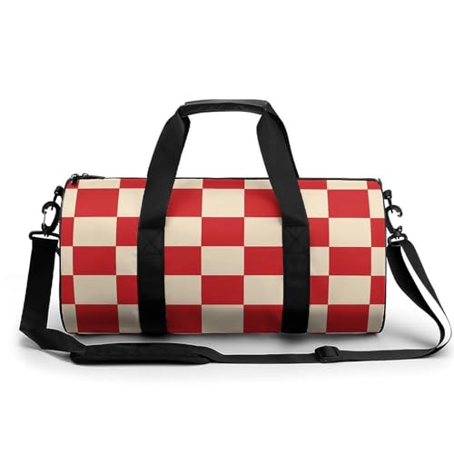 Red And Cream Plaid Checkered Gym Bag for Women Men Travel Duffle Bag Carry on Weekender Tote Bag Lightweight - Main Image